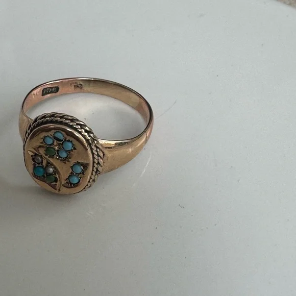 Antique 9k gold signet ring with seed pearls and turquoise flower - Picture 6 of 7